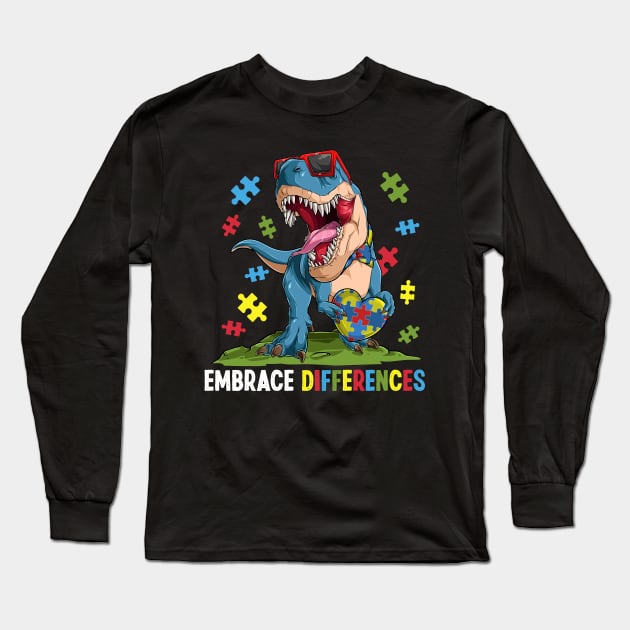 Embrace Differences Autism Awareness Dinosaur Puzzle Long Sleeve T-Shirt by peskyrubeus